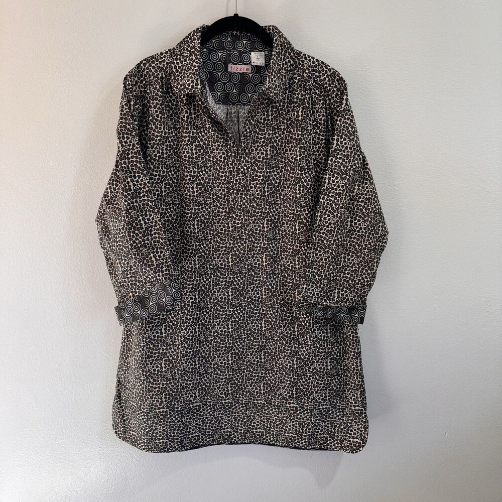Tizzie by Dizzy Lizzie Shirt Tunic Dress L Leopard Swirl Brown Black Cotton
